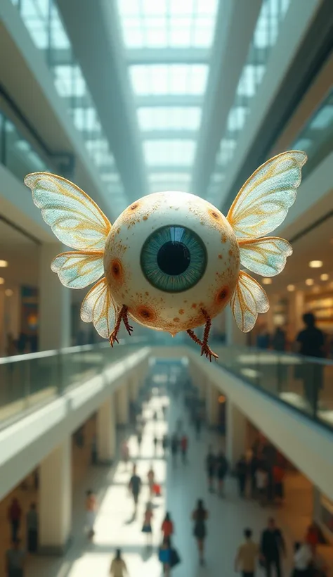 Eyeballs with wings and hands holding a camera inside a mall photograph the windows