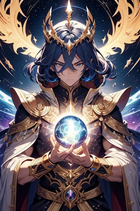 A powerful male cosmic being at the center of the multiverse, exuding an aura of supreme dominance and divinity. He has a tall, muscular humanoid form and is fully clad in an intricate, regal outfit made of shimmering fabric that glows like a starry night ...