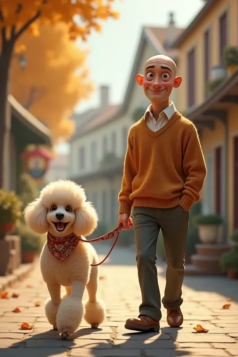 A poodle walks a man with little hair 