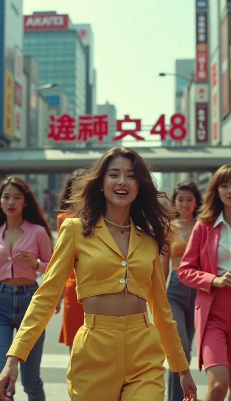 A group of 7 young Japanese women in 1970s Shibuya, Tokyo, wearing stylish Western clothes, dancing happily in front of the iconic Shibuya Station, their cute faces captured in an analog film aesthetic, with a signboard reading "AKB48" visible in the backg...