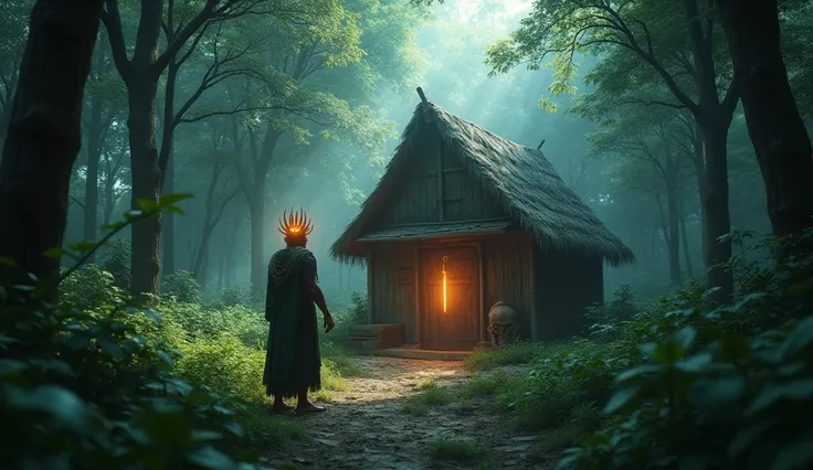 "Depict King Parikshit stumbling upon a small, rustic hut deep in the forest. The hut, made of wooden beams with a thatched roof, stands weathered but firm amid the dense wilderness. Soft beams of sunlight filter through the trees, casting a serene yet mys...