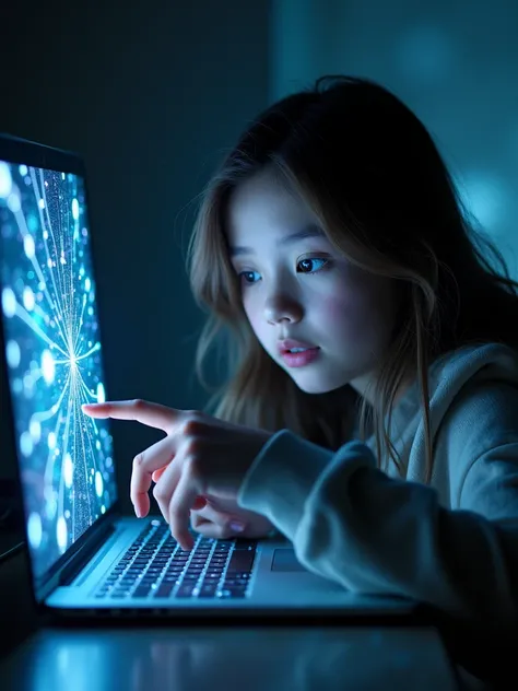 the girl in the photo points to the laptop screen , save the girls faces and fugur ,  but turn your laptop into a glow with stars and neurons