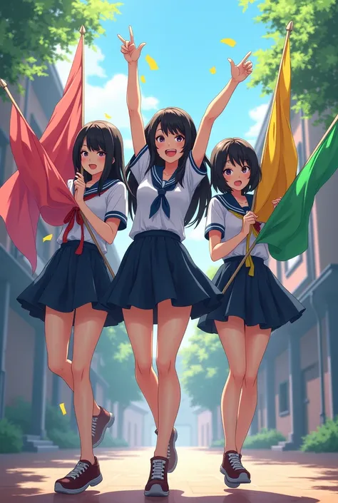 3 girls are celebrating in the schoolyard. 2 girls are holding banners. The girls faces are not visible. The hair color of the 3 girls is black. Girls in college