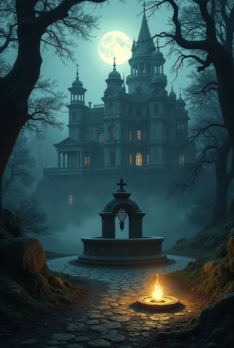 A grand, opulent estate surrounded by dark, shadowy woods under a moonlit sky, with an eerie pendant glowing faintly on the ground near an ancient stone well