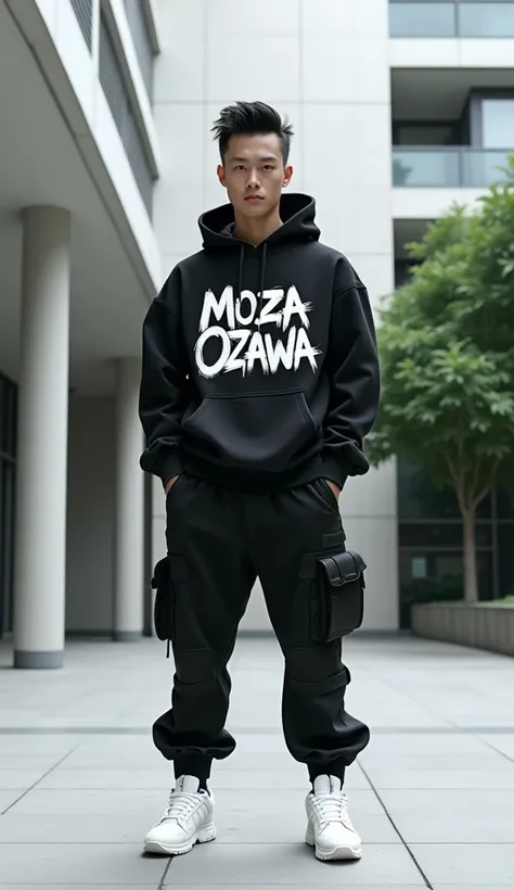 an asian man uses a black hoodie inscribed with MOZA OZAWA graffiti,  stylish hair, tactical trousers, white shoes, standing in the courtyard outside the office that says HM AGENCY,  Hyper realistic , hyper detailed, high resolution, full body image