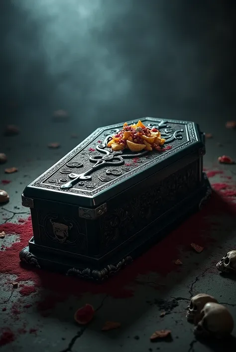 Create me a coffin for a static advertisement about nachos and spooky red horror sauce
