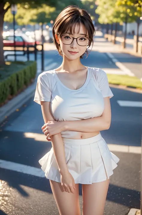 ((Highest quality)), ((masterpiece)), (detailed), One girl, akina-nakamori, cute, sexy, short hair, boyish, Schoolyard. Glasses, school uniform, Wet clothes, mini skirt, Big Breasts, whole body, Arms crossed,