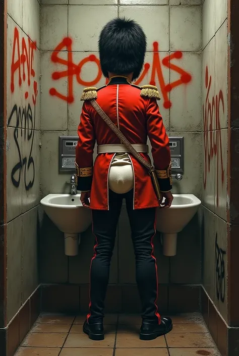 a royal soldier from London pissing in a public urinal, with his pants down, showing his underwear, where the wall has graffiti