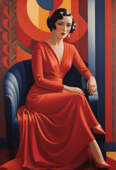 painting of a woman sitting on a red sofa, art deco painting, art deco era), art deco portrait, georgy kurasov, cinematic. art deco, beautiful retro art, intricate art deco patterns, realistic art deco, hyperrealist art nouveau, art nuveau, modern art nove...