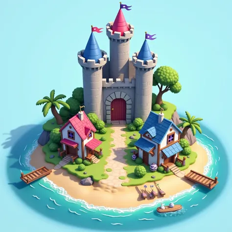 Create an island , with a gray castle ,  the gate with the colors purple , pink and blue,  the pillar on the left with the purple roof and a blue flag ,  the right pillar with the blue roof and the pink flag ,  a central pillar with a pink roof and a purpl...