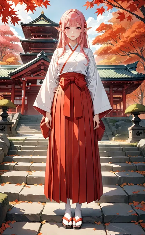 (masterpiece, ultra quality, official art, 8k, beautiful and aesthetic, extreamly detailed:1.3), (1 elf lady), solo, (full body shot:1.3), (The landscape of the shrine in the fall), anatomically correct, absurdres, (well-defined facial features, perfectly ...