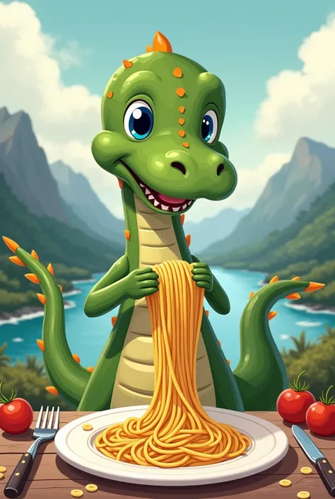 The Loch ness Monster cooks spaghetti cutely drawn for s 