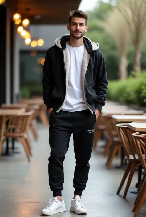 "A realistic photo of a confident man with a stylish casual look, similar to the pose in the reference image. The man is standing outdoors in a modern, elegant setting, such as an open-air cafe or lounge with wooden and neutral-toned furniture and soft lig...