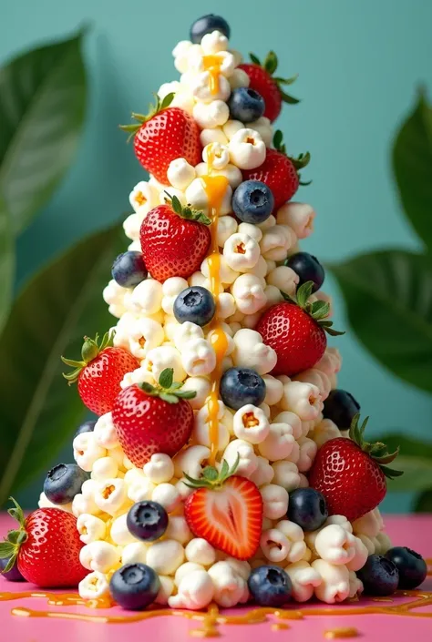 create a picture tittled with pop bliss, theme is popcorn, include fruits small picture like, original popcorn, strawberry, blueberry, chocolate bar, caramel, pandan leaves.