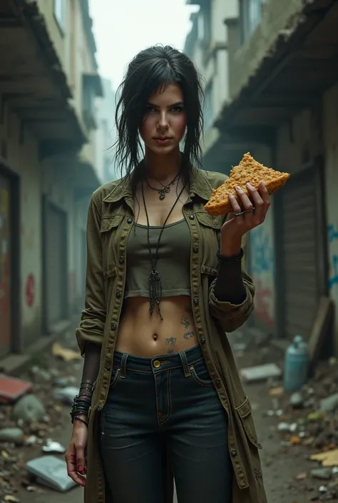  Create the image of this very young woman , dressed as a scoundrel , in a slum,  as if she were a drug addict , very realista, very real,  holding a fried pastry 