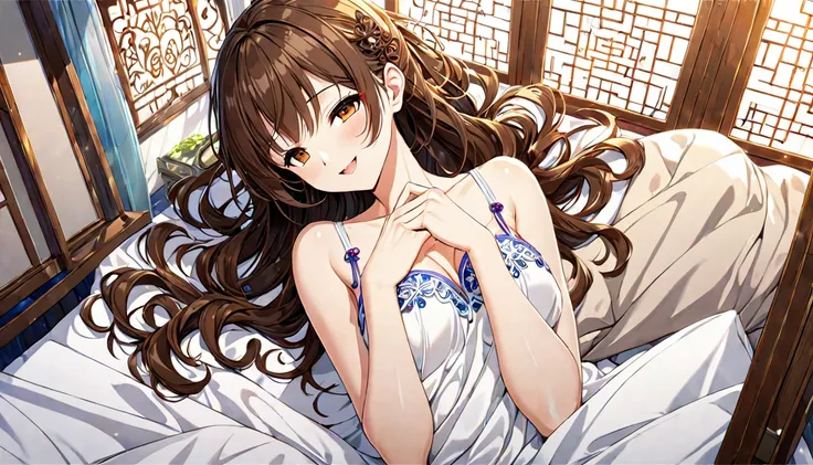 A scene where a slightly erotic girl with brown hair 、Relax on the bed and smile　 camisole 　Erotic atmosphere
( Detailed Fingers ), ( Mandarin ), ( breathtakingly beautiful ), (Main unit:1.2 Whole body), (Anime Style), ( Very detailed), (超 high definition ...