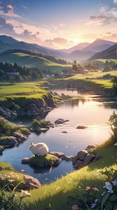 Nice peaceful view countryside, mountains, rivers, beautiful sky, some rare unknown cute animals