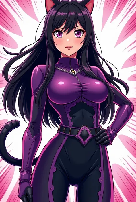 Make pictures for me: painel comics Boku no Hero Academia.  Girl with long hair, therefore, liso e com franja curtain bangs.  slightly pink eyes mixed with light purple . very clear skin. with a hero costume. O traje é da cor therefore e roxo bem escuro.  ...