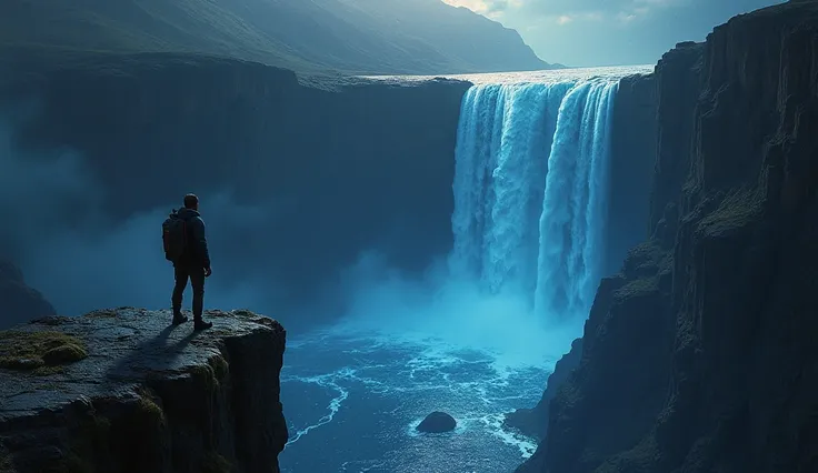 A daring adventurer standing at the edge of a flat Earth, gazing over a waterfall of oceans cascading into a dark void, with stars and galaxies glowing faintly in the abyss beyond, hyper realistic, highly detailed, 4k.