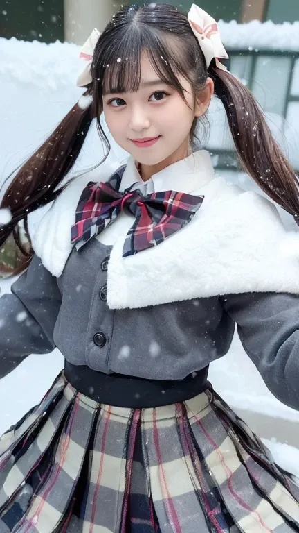 ((((Beautiful and cute Japanese_young_Idol)))), ((( Short Bang , low_ twin tails))), ((((Winter uniform, bow_tie_Check pattern)))), ((( pleated skirt, tartan Check pattern))), (( )),  hyperrealistic , Extremely detailed, The best reality,   perfect quality...