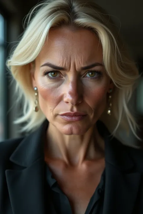 Female, 42 years old, European woman. Her business style.  You can only envy her figure .  She looks strong but you can see from her eyes that shes almost broken. She has blond hair and some wrinkles, and her cheeks and nose have some freckles. Her facial ...