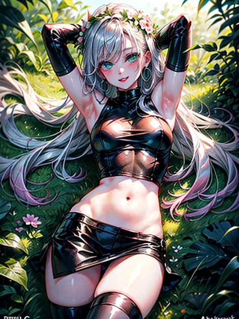 (( artwork)),  Best Quality  ,  the highest quality  , Highly Detailed, anime woman, The most beautiful woman in the animes ,  pretty woman,  blond hair,  long hair, straight hair, a wreath of flowers over your head , white pele,  green eyes,  detailed eye...