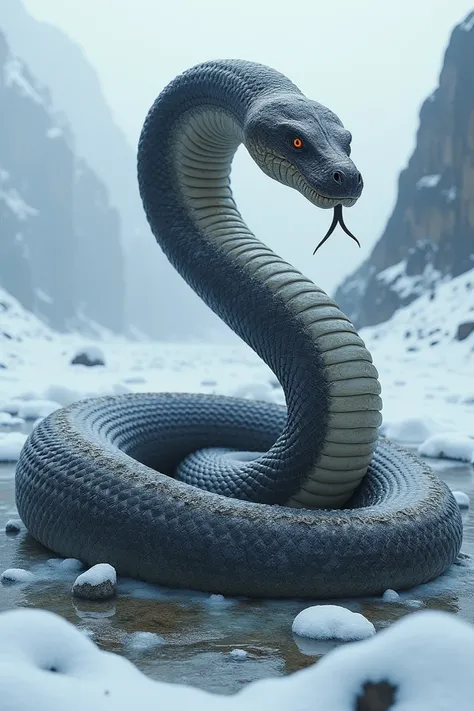 A powerful big anaconda on front in deep background snow hyperrealistic scene 