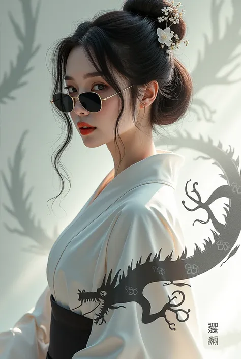 a beautiful woman wearing sunglasses wearing a white kimono with wow388 written on it with a black dragon scatter combination