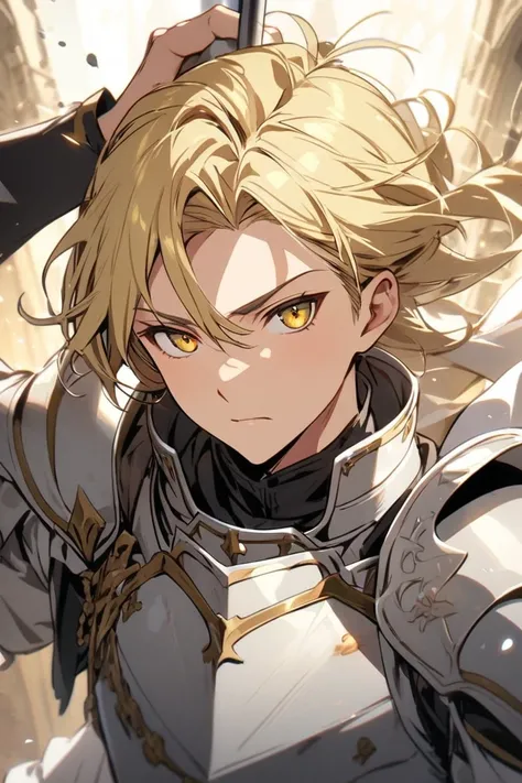 man, blond hair, yellow eyes, half halo above head, knight.