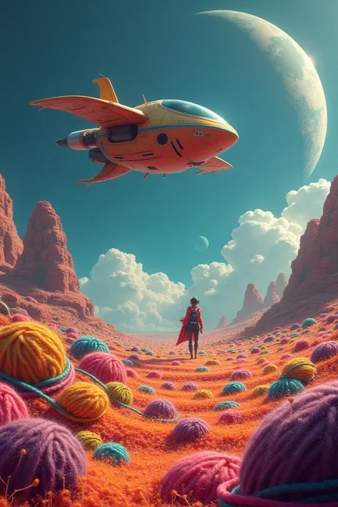 Alien in his ship landing on his animated woolen skein planet 