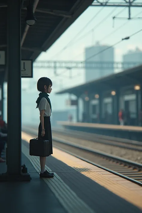 A girl waiting for a train
watching people come home