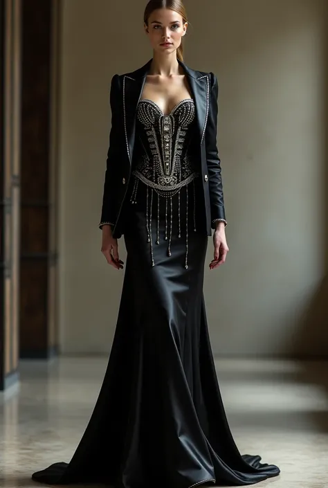 Magnifique design de mode dune femme portant un robe splendide du style de la marque Schiapareli avec une veste de costume très élégante, la robe sera longue et couleur noir et gris métallique.il y aura un corset de cristaux ainsi quavec des perles.