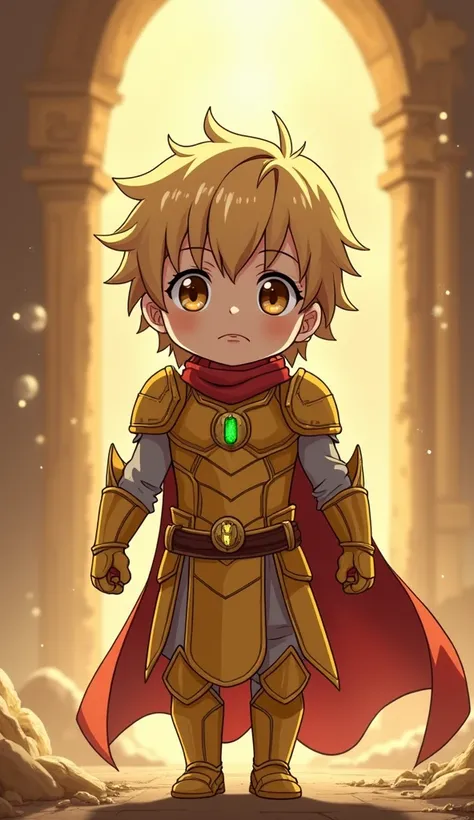 An image of a baby wearing gold Sagittarius armor from the anime Saint Seya ?  I want an ultra realistic image the baby has to be standing walking in the environment of the 12 houses that represent the armor.