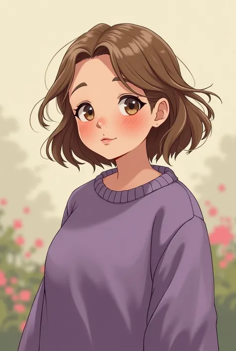 Studio ghibli style art slightly chubby woman with white skin and light brown hair wearing a purple sweater