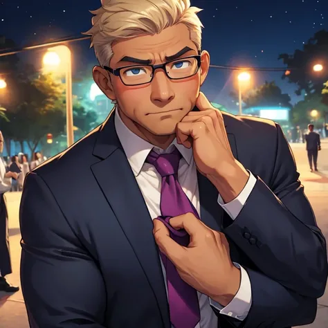  thick outline、human、male、40 years old、Muscular、fearful face、short hair、 tanned skin、suit、 shirt 、tie、Glasses、blush、Night Park、Offering a hand