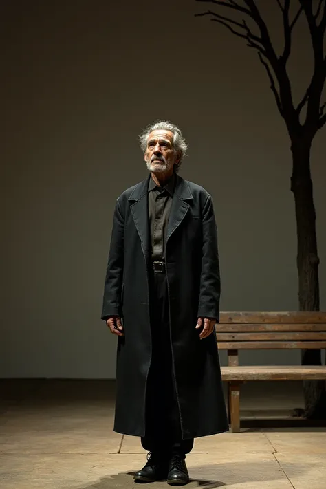  Create a color photo image  (Full character )  from an actor playing in the play  "Waiting for Godot " .
 The scene takes place on a theater set. There is a tree and a bench as a decor. 