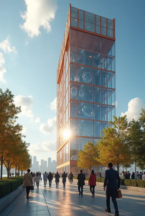 People walking towards a 41-story building ,  that has its entire façade in glass and an orange metallic structure .
 People bring ideas for infrastructure and business projects and put them in a machine and from that machine bubbles come out of the upper ...