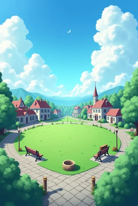 Ponyville town square in the sky sunny weather green grass but not a single pony outside 