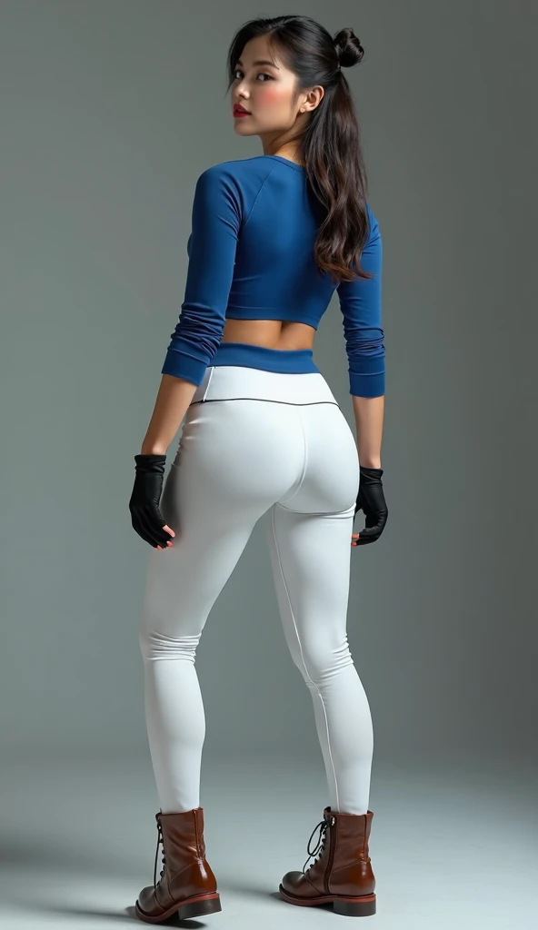 photorealism:1beautiful 25year-old Asian woman in white yoga pants and blue tennis top with long sleeves, detailed highlighted face, hands in black fashion gloves with fingers out, brown leather boots. (focus on legs), big breasts, large hip/buttock, big a...