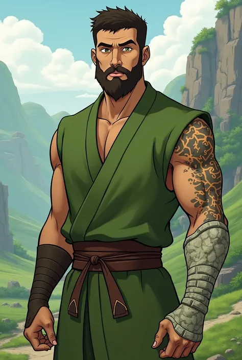 Avatar the last airbender style, earth bender , original character, short attach brown hair, short brown beard, green eyes, 30 years, endomorph man, only right forearm made with stone, green clothes