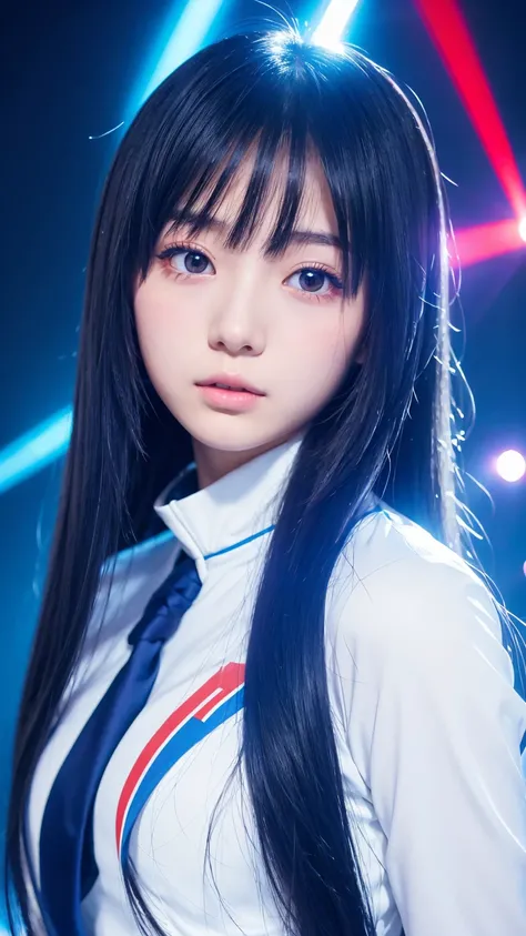 super beautiful face, japanese girl,  long straight hair, high school student, anime style, white body suit, blue light laser beam, colorful hair