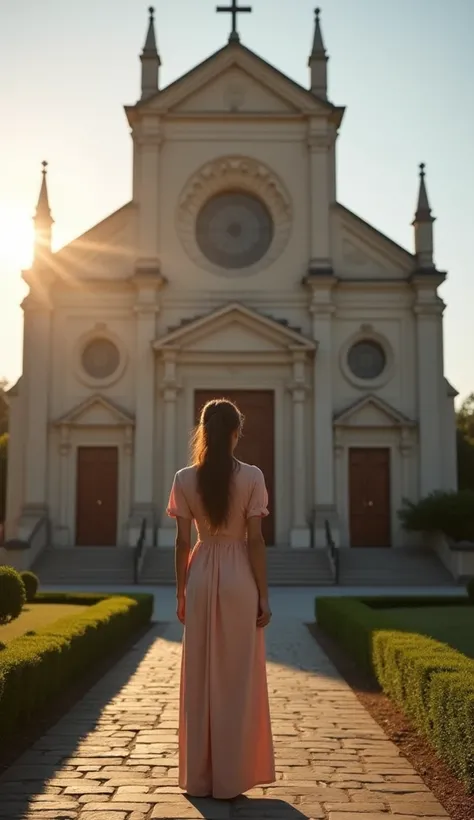 A woman standing in front of a large, historic church, viewed from behind. She is dressed modestly in a flowing dress with her hair tied back. The church is an ornate stone building with tall, arched windows and a large wooden door. The scene is set in the...