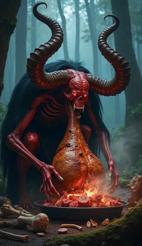 satan demon eating big roast pork leg in dark forest. satan demon with skinny body, red skin, big horns