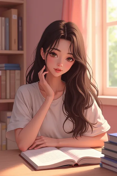 A 25-year-old woman with dark brown hair, light-colored skin, light brown eyes in a pink room studying sitting at her study desk and looking at books.