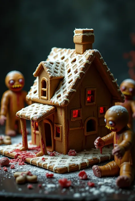 Zombie-themed gingerbread house. realistic. On a black table . 