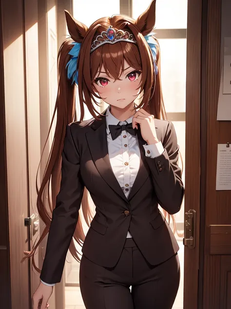 (​masterpiece, top-quality, hight resolution, Unity 8k, extremely details CG:1, Best Picture), Daiwa Scarlet (Uma Musume), (((tiara, brown hair))), red eyes, long hair, twintails, (horse ears, horse girl), Create an image of a sex worker dressed in a forma...