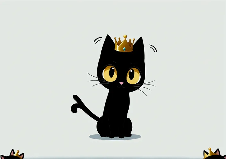  Simple animal illustration , Cartoon picture , White background,  Cell phone wallpaper illustration ,  A black cat standing still in surprise with a gold crown placed on its head,  Cats frozen pose and expression , A cat in a stiff position in a straight ...