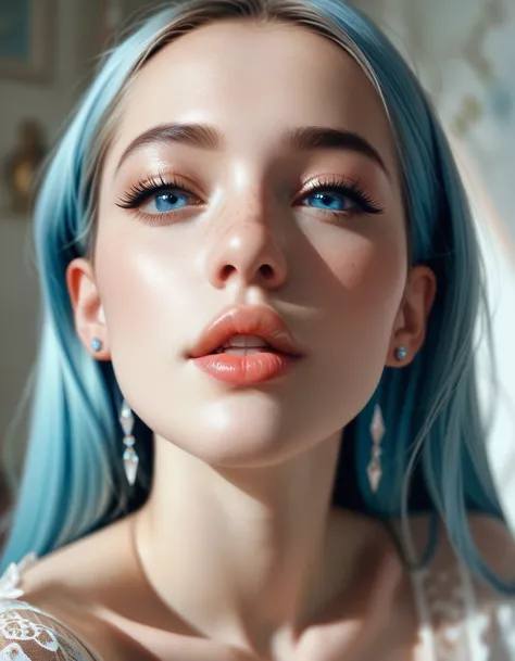 Solo, A sexy women, closeup of face, Crystal blue eyes, small things lips, dry lips, small lips, dry lips, very little upper lip, white skin, 