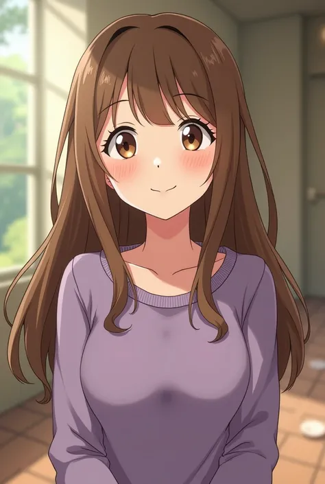 Studio ghibli style art slightly chubby woman with white skin and long light brown hair and center part wearing a purple sweater smiling