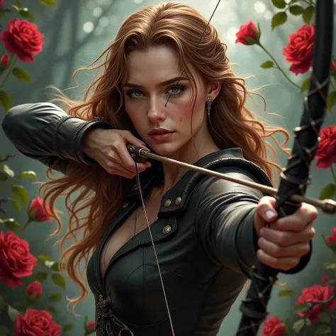 Character: Feyre Cut of Thorns and Roses 
Realistic fan art image  
Mulher cabelo marron , light skin, blue eyes, fine lines leather clothing, holding bow and flex 